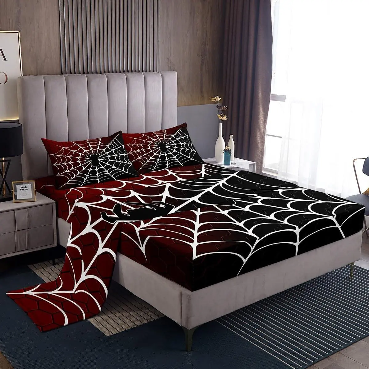 Burgundy and Black Sheet Set,White Spider Web Print Bed Sheet Set with Fitted Sheet + Flat Sheet +,Halloween Spider Bedding Set for Kids Boys Girls Room Decor