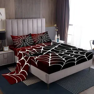 Burgundy and Black Sheet Set,White Spider Web Print Bed Sheet Set with Fitted Sheet + Flat Sheet +,Halloween Spider Bedding Set for Kids Boys Girls Room Decor