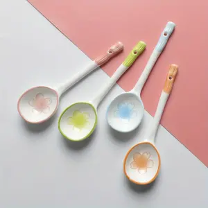 Elegant Ceramic Flower Pattern Long Handle Spoon-Suitable for Coffee, Rice and Dessert-Perfect Coffee Spoon for Home and Restaurant Use Tea Spoon