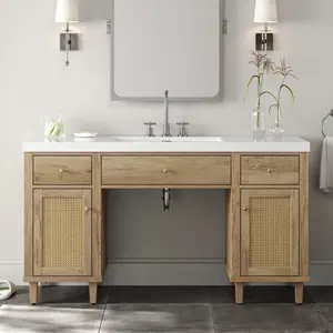 60 Inch Bathroom Vanity with SMC Sink, Modern Spacious Bathroom Storage Cabinet with Soft Close Drawers and Tip-Out Tray, Solid Wood Legs and Silver Metal Knobs, Wood Color