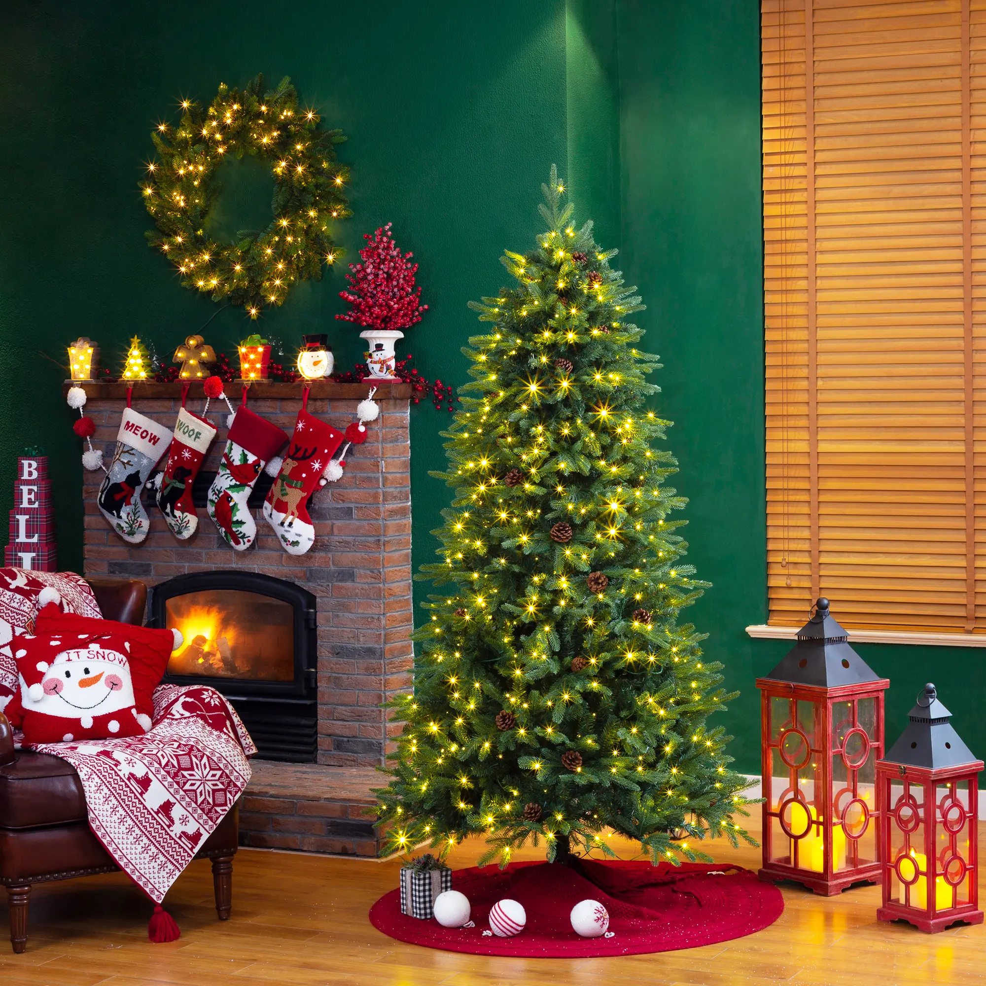 Glitzhome 6ft/7ft Pre-Lit Green Fir Slim Artificial Christmas Tree with LED Lights, 9 Functional Warm White/Multi-color, remote controller