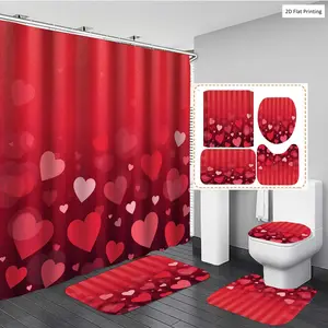 1/3/4PCS Valentine's Day Romantic with Heart shaped Elements Shower Curtain Set with Waterproof Bathroom Curtain, Rugs, Non Slip Bath Mat, U-Shape Carpet, Toilet Lid Cover, Bathtub Curtain Accessories, 12 Hooks, Home Bathroom Festival Deco