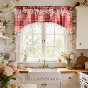 Red and White Gingham Swag Curtain for Kitchen Windows America Style Vintage Valance Cute Star Arched Short Curtain for Doorway Bathroom 1 Panel