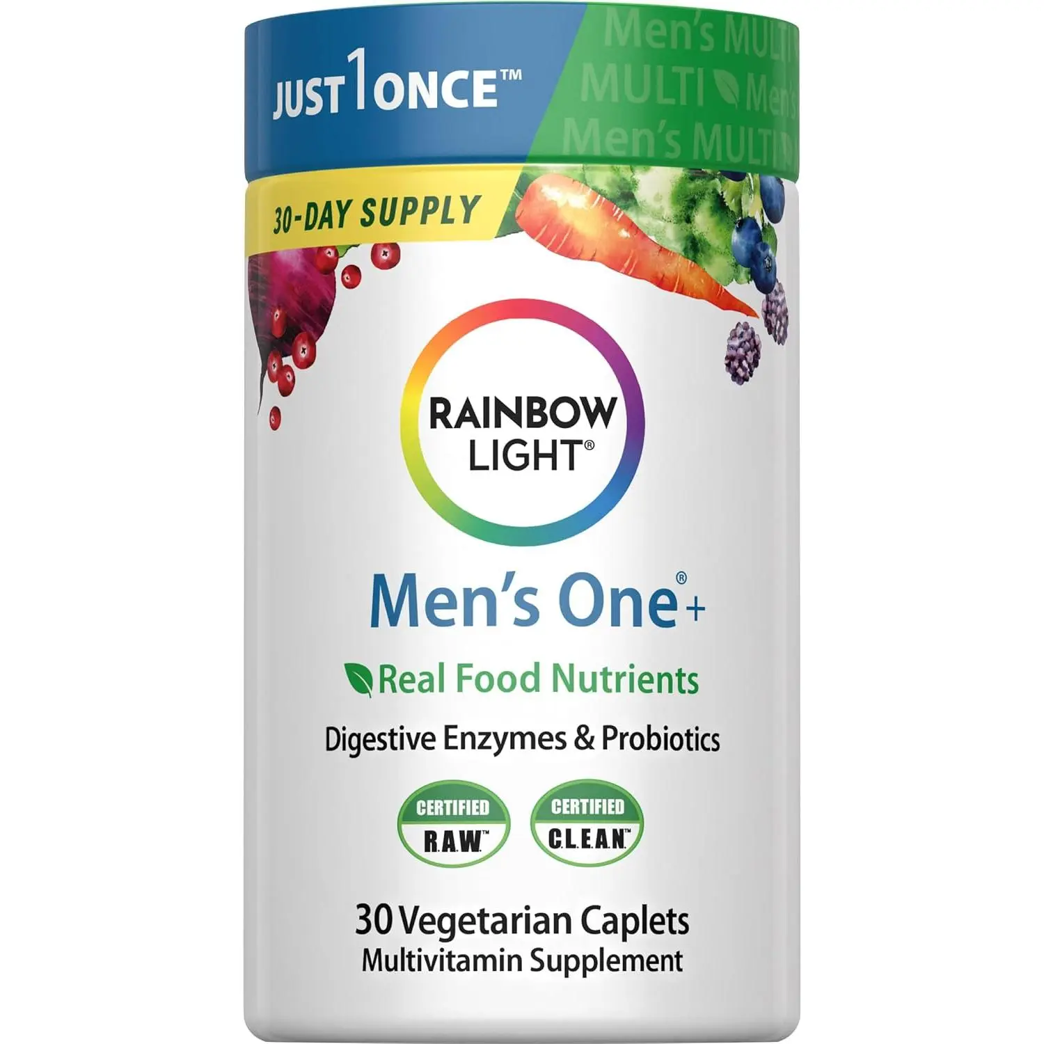 Mens Multivitamin One + | 30 Caplets | Real Food Nutrients, Digestive Enzymes & Probiotics | Real Food Nutrients, Digestive Enzymes & Probiotics