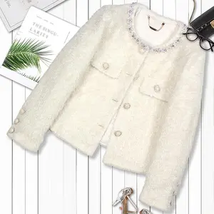 High end socialite women's clothing top for autumn and winter 2025, new plush tweed nail bead round neck small fragrant style long sleeved jacket Cardigans Womenswear