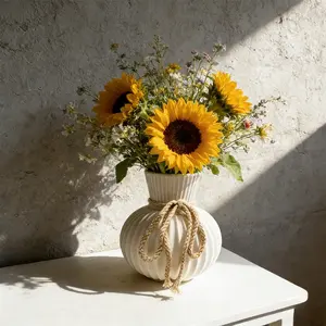 Farmhouse Boho Jute Rope Decorative Plastic Vase, Ceramic Texture Vertical Stripe Anti-Fall Flower Pot, Vintage Tabletop Planter, Dining Table Centerpiece