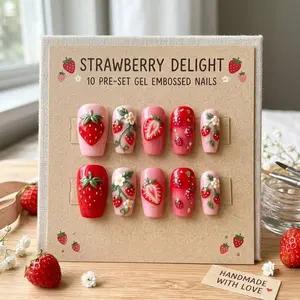 Strawberry Press On Nails | 3D Embossed Gel Nails | Cute Red & Pink Fruit Nails | Handmade Fake Nails | Summer Nails Glue On, Nail Art Kit Nail Box