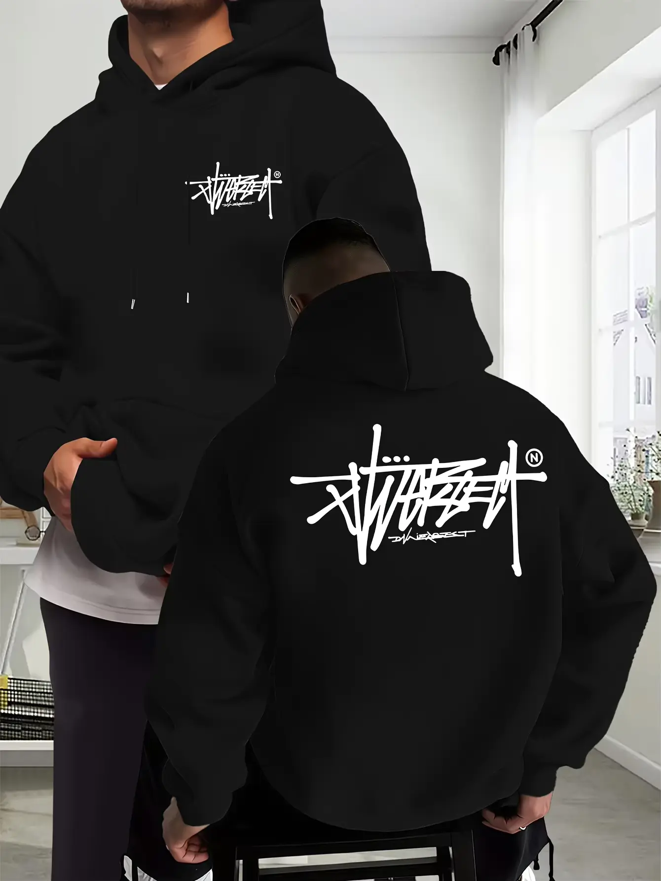 Trendy Graffiti Streetwear Hoodie 2-Sided Print, Unisex Pullover, Urban Hip Hop Style Sweatshirt, Cozy Casual Fashion Outfit Gift, New Trend Creative Print