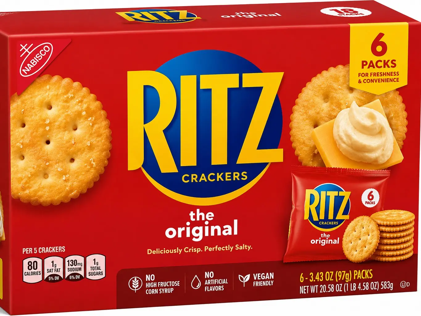 RITZ Original Crackers, 3.43 oz Fresh Stacks (6-Pack) – Buttery, Crispy Snack Crackers, Individually Wrapped for Freshness & On-the-Go Snacking