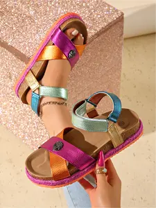 Women's Metallic Color Block Platform Sandals, Ankle Strap Espadrille Shoes for Summer Footwear