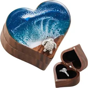 Art Heart Ring Box, Personalized Walnut Ring  Box, Birthday Gifts for Women Wife Girlfriend, Ring Display Box for Proposal, Engagement, Wedding, Anniversary, Valentine's Day