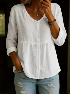 Women's Solid V-Neck Button Shirt Blouse, Casual Long Sleeve Loose Fit Top, Comfortable Daily Wear, Stylish and Versatile Clothing