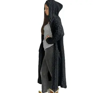 Women'sCardiganBraidedLazyWindHoodedLongCardiganSweaterKnitwearCottonBlueFabricSleeveWomenswear