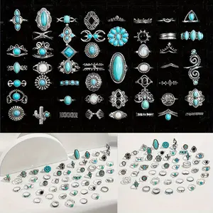 50PCS Vintage Stackable Turquoise Cactus Flower Rings Set Mixed Geometric Chic Ethnic Handmade Inlaid Turquoise Rings Vacation Travel Beach Jewelry Party, Proms, Music Festivals, And Holiday Wear Accessories