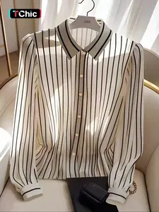 Women's Striped Print Casual Shirt, Elegant Fall Fabric Blouse, Professional Commuter Daily Wear, Simple Style