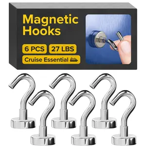 Magnetic Hooks 27 LBS (Pack of 6) - Heavy Duty Neodymium Magnetic Hooks for Cruise Cabins - Strong Rare Earth Magnets for Hanging on Refrigerator, Grill, Cruise Cabin Walls, Ship Essentials