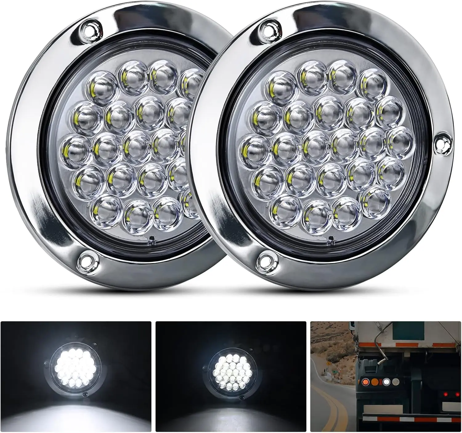Nilight 4” Round Stainless Steel Chrome Bezel LED Car Lights, 2PCS 24LED White Waterproof Backup Reverse Lights for Truck, Camper, Trailer, Pickup, Led Trailer Light, Led Truck Pickup