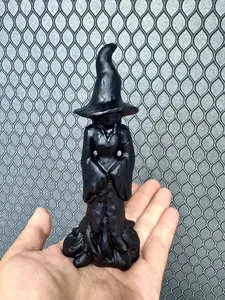 5.9 inch black obsidian crystal witch carving