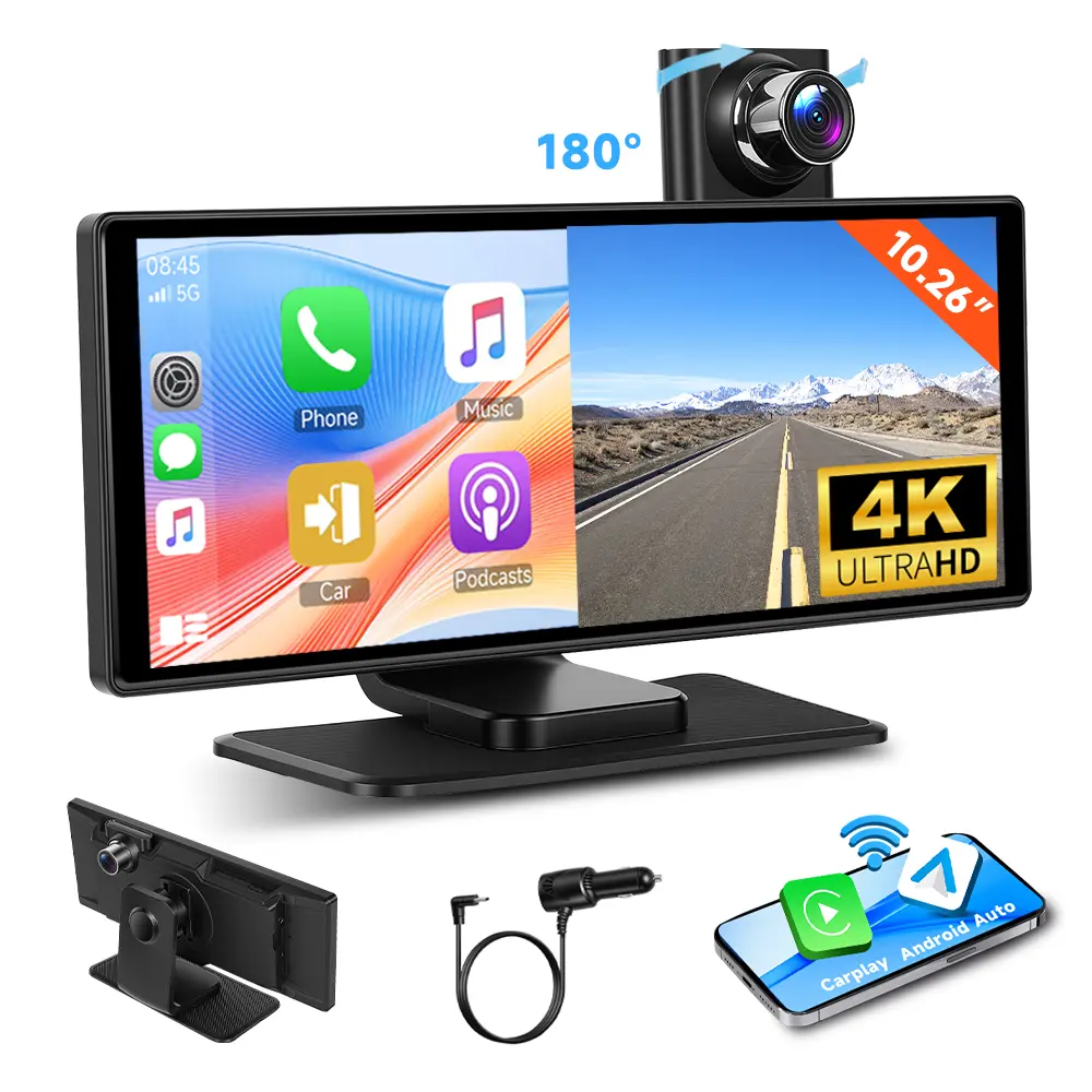 10.26" In-cell Full Touch Screen｜Wireless CarPlay & Android Auto｜4K Recording｜Built‑in Front Cam 180° Rotatable｜Support Front‑Rear Dual Recording