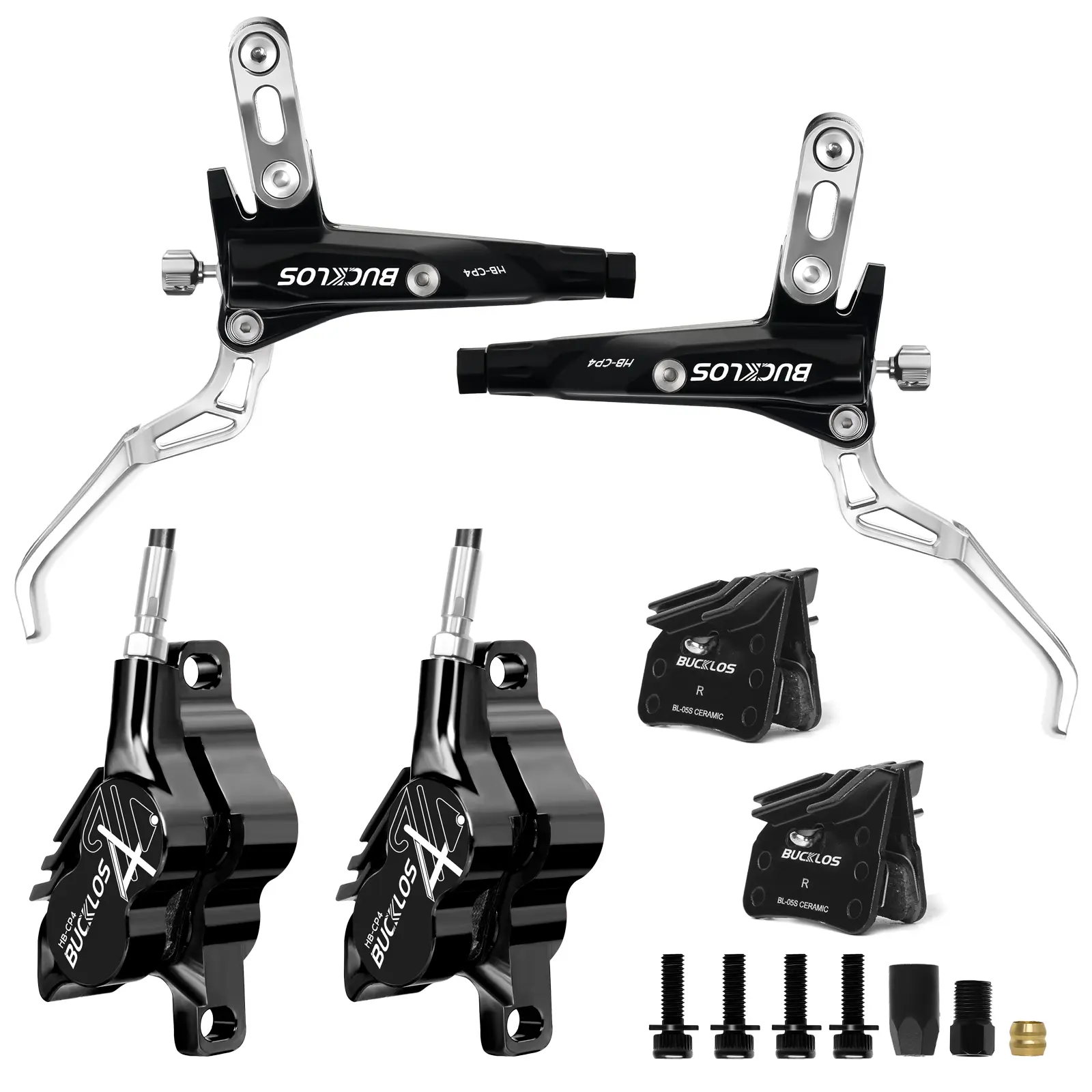 BUCKLOS MTB Hydraulic Disc Brake Set 4 Pistons Front 850mm and Rear 1550mm | CNC aluminum alloy lever caliper & ceramic brake pad, pre-bled, for mountain bike, ebike, fat Bike(HB-CP4)