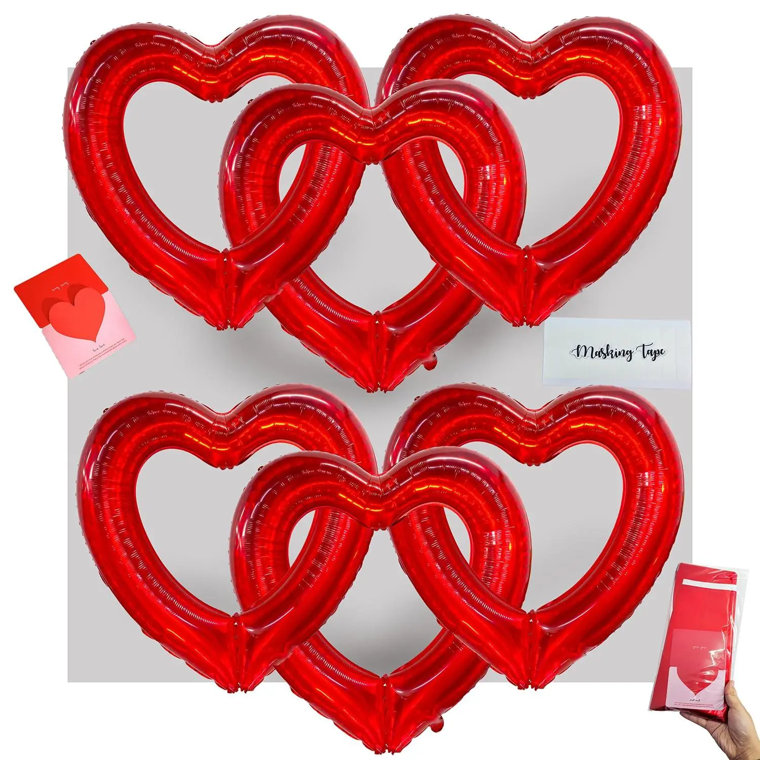 32In Red Heart Foil Balloons (6 Pack) - Diy Wedding Proposal Backdrop, Bridal Shower Decor, Crystal Gem Heart Linking Balloon Arch Kit With Tape & Greeting Card (Gem Red)