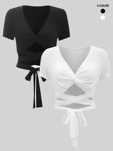 Women's Criss Cross Tie Front Twist V Neck Crop Tee, Summer Clothes Women, Casual Breathable Basic Short Sleeve Drop Shoulder T-shirt for Summer, Women's Clothing for Daily Outdoor Wear, Summer Tops, T Shirts for Women