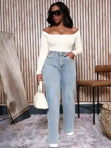 Plus Size Women's Light Blue High Waist Elastic Wide Leg Straight Pants Jeans, Vintage Slim Fit, Trendy Street Style, Perfect for Curvy Figures