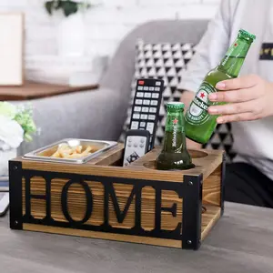 Burnt Wood Snack Caddy with Slots for Beer, Beverages, and Remote Controls with Black Metal HOME Cutout Decoration