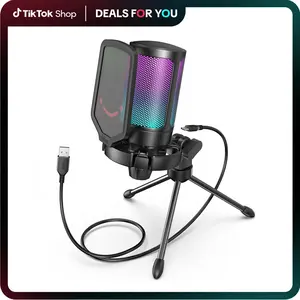 fifine A6V USB Gaming Microphone for PC PS5, Condenser Mic with Quick Mute, Gain Control, RGB Indicator, Tripod Stand, Pop Filter, Shock Mount, for Streaming Discord Twitch Podcasts Videos