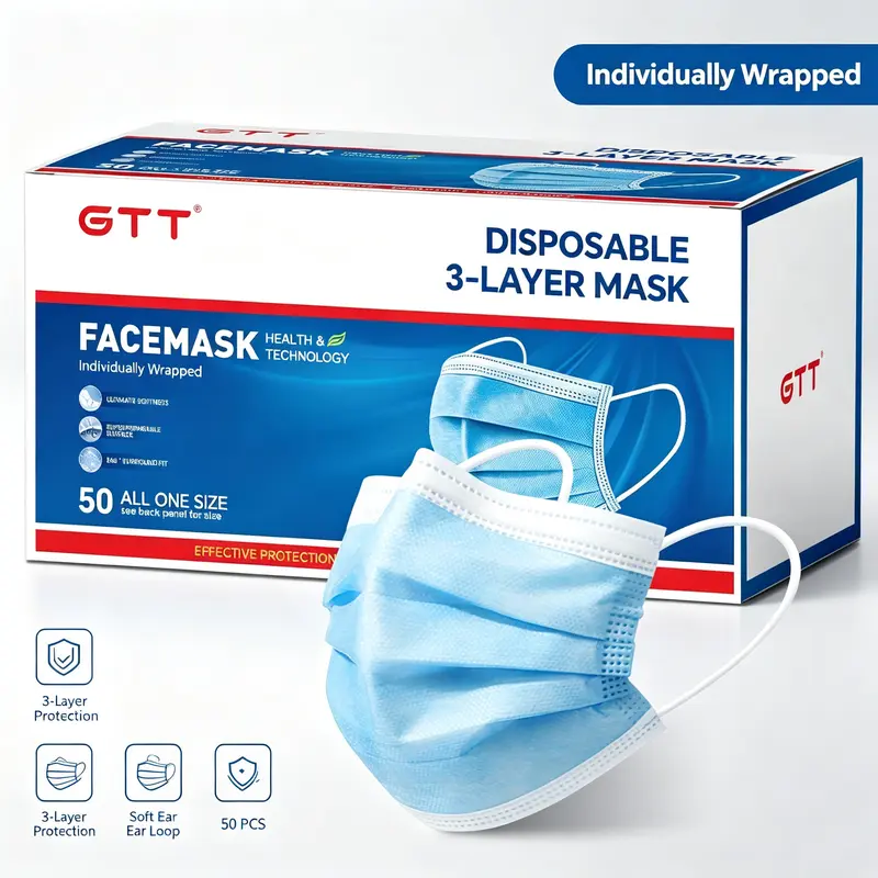 GTT Individually Wrapped Blue Non-Woven Disposable Adult Protective Mask (50-Pack) - 3-Layer Soft Breathable, Water-Resistant Dust Cover with Comfortable Ear Loops, Classic Design, 100% Latex-Free, Convenient Pull-Out Storage Box for School, Airplane Use