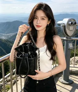 Black Drawstring Mini Bucket Crossbody Bag, Leather Gold Chain Strap Purse, Vintage Small Drawstring Bucket Handbag for Spring Garden & Daily OOTD