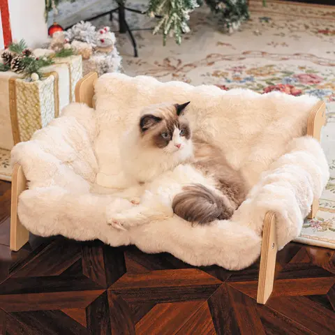 Raised Pet Sofa Bed for Indoor Cats & Small Dogs - Durable Wooden Frame, Fluffy Washable Cushion, Machine-Washable Modern Pet Furniture Lounge Chair