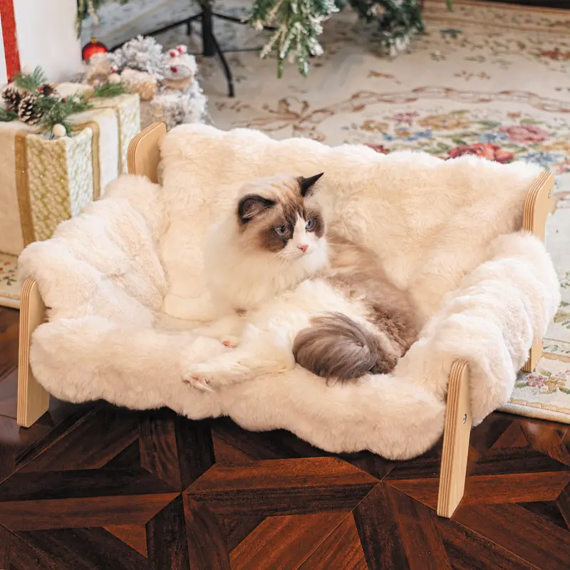 Raised Pet Sofa Bed for Indoor Cats & Small Dogs - Durable Wooden Frame, Fluffy Washable Cushion, Machine-Washable Modern Pet Furniture Lounge Chair