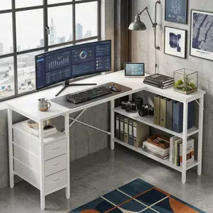 - L-Shape White Corner Desk, Gaming/Computer/Study Table, 3 Sturdy Fabric Drawers (22LBS Each), 3 Outlets + USB + Type-C, Adjustable Open Shelves, Steel X-Bar, P2 MDF, Home Office Bedroom Use