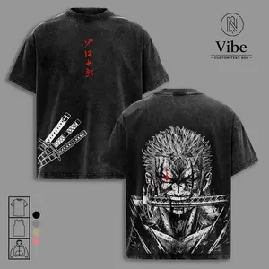 Zoro "Three Sword Style" One Piece Washed Oversized T-shirt, Tank Top Vintage Anime Graphic Double Printed Tee, Heavyweight Cotton Manga Streetwear, Otaku Fashion Top for Pirate Hunter Fans