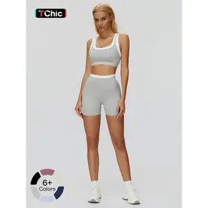 Women’s Two-Piece Colorblock Yoga Set, High-Waisted Ribbed Casual Fitness Sportswear, Versatile Gym Workout