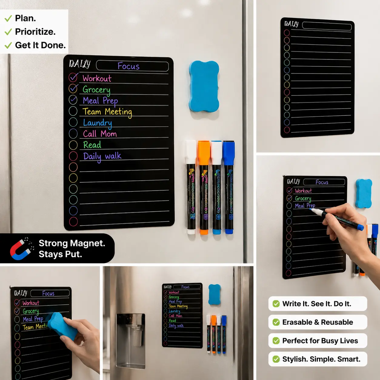 Black Dry Erase Planner Boards Set, Including Daily/weekly/monthly Magnetic Calendar Boards & 3 Colored Marker for Refrigerator, Monthly Weekly Daily Organizer Set
