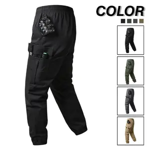 Men's basic solid color multi-pocket casual tooling jogging pants with side pockets and elastic elastic belt, outdoor work pants for hiking, hiking, camping, rock climbing, running, sports, cycling