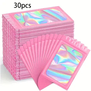 30 Pink Holographic Deodorant Zipper Pouches, Reusable Sealed Foil Pouches for Lip Glaze, Jewelry, False Eyelashes, and Gifts for Friends and Family, Storage Organizer Bag