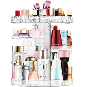 360 Rotating Makeup Organizer, DIY Adjustable Makeup Carousel Spinning Holder Rack, Large Capacity Cosmetic Brush Lipstick Storage Organizer Box for Vanity