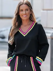 Popvil Webbing Patchwork Sweatshirt,Women's V-Neck Long Sleeve Tops with Colorful Trim,Fashion Causal Wear