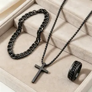 Men’s Minimalist Cross Chain Jewelry Set – Ring, Bracelet & Necklace, Perfect for Everyday Wear