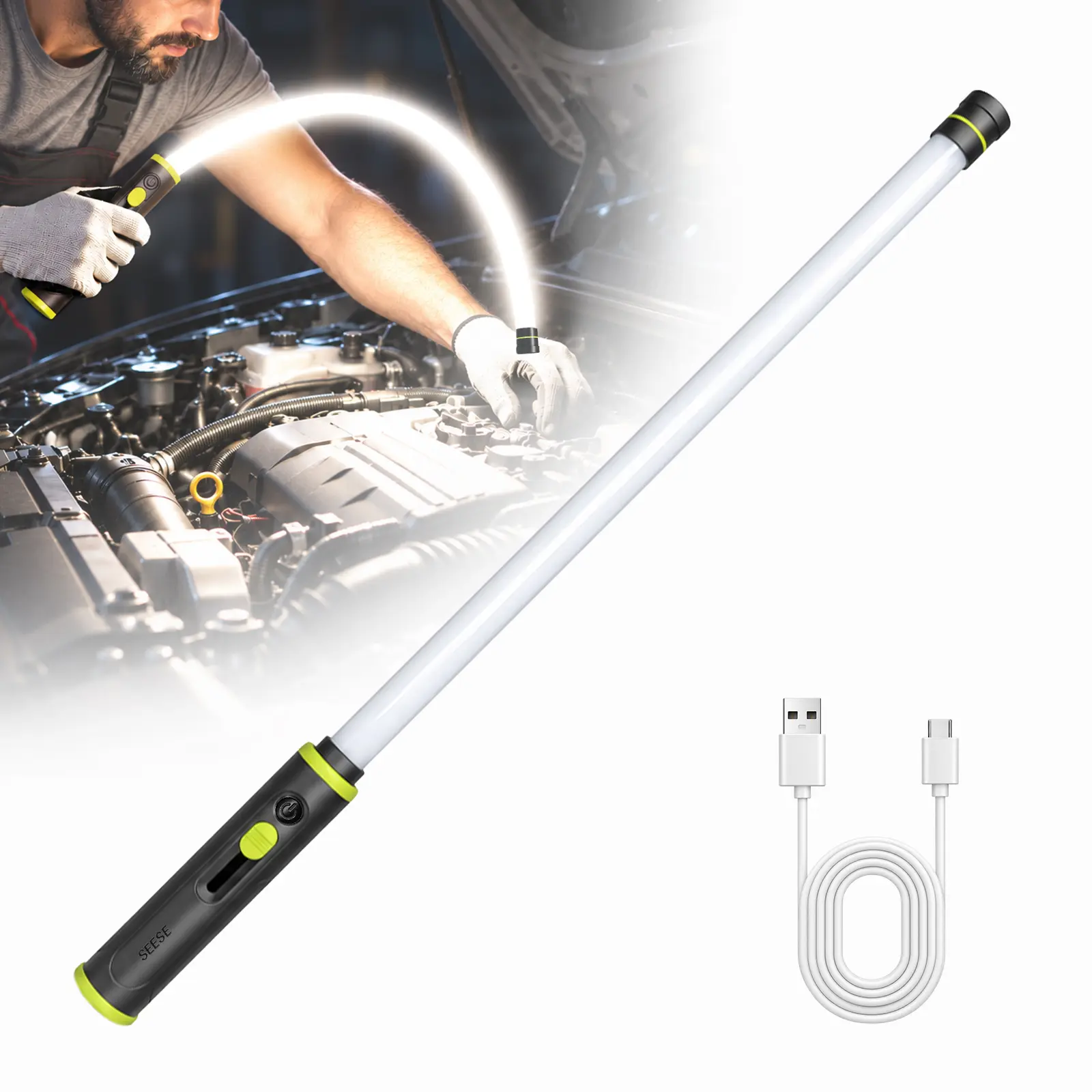 SEESE 30" Portable Bendable LED Flashlight Stick - Rechargeable High Lumen Hands-Free Work Light, Car Accessories, Mechanic Tool for Car Repair, Garage Use (Flash Lights & Lighting),Halloween Decorations