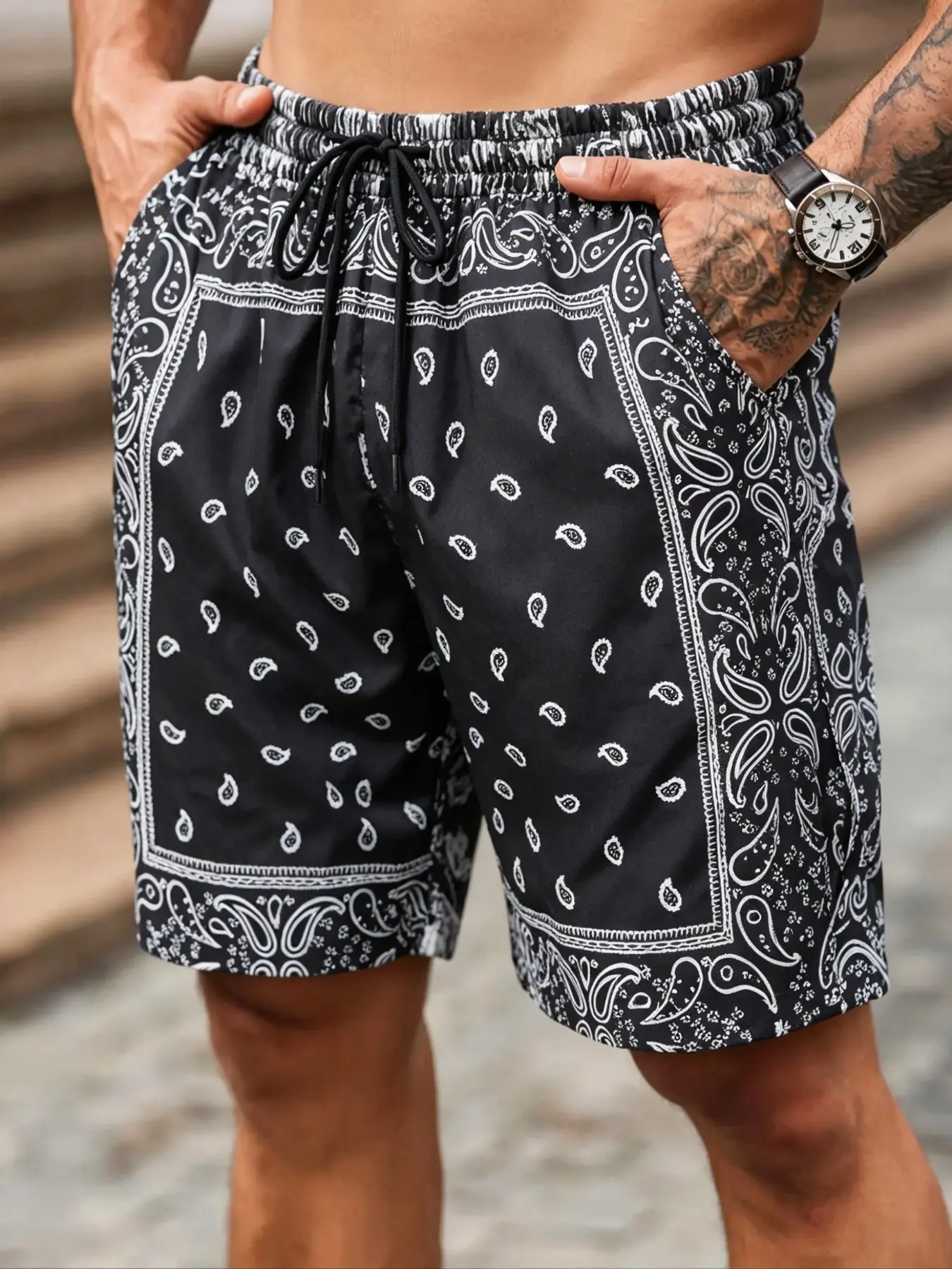 Men's Plus Size Oversized Bandana Paisley Print Drawstring Shorts, Big & Tall Summer Casual Beach Board Shorts, Retro Hip Hop Streetwear Boho Fit Casual Relaxed Loose Fit Quick Dry Athletic Workout Gym Shorts with Pockets