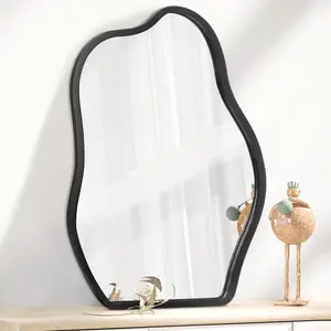 Asymmetrical Wood Frame Mirrors for Wall Oval Hanging Mirror Unique Irregular Modern Mirror for Entryway Hallway Living Room Bedroom Vanity Decorative Arti