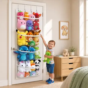 Honeyera Over Door Stuffed Animal Storage Organizer with 4 Mesh Pockets & Metal Hooks White Collapsible Beige Decor for Toys & Baby Accessories