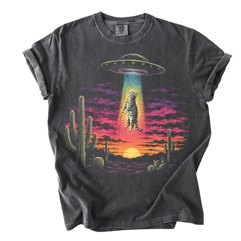 Vintage Funny Cat Meme Shirt, Flying Saucer, Retro Graphic Tee, Oversize, Womens, Mens, Comfort Colors T-shirt