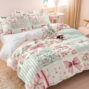 Girls' Heartfelt Country Style Duvet Cover Set, 1 Duvet & 1-2 Coreless Pillowcases, Floral Print Bowknots Macaron Color Patchwork Design, Soft Bedding, Nordic Fresh Style Bedroom Decor, Gift Idea