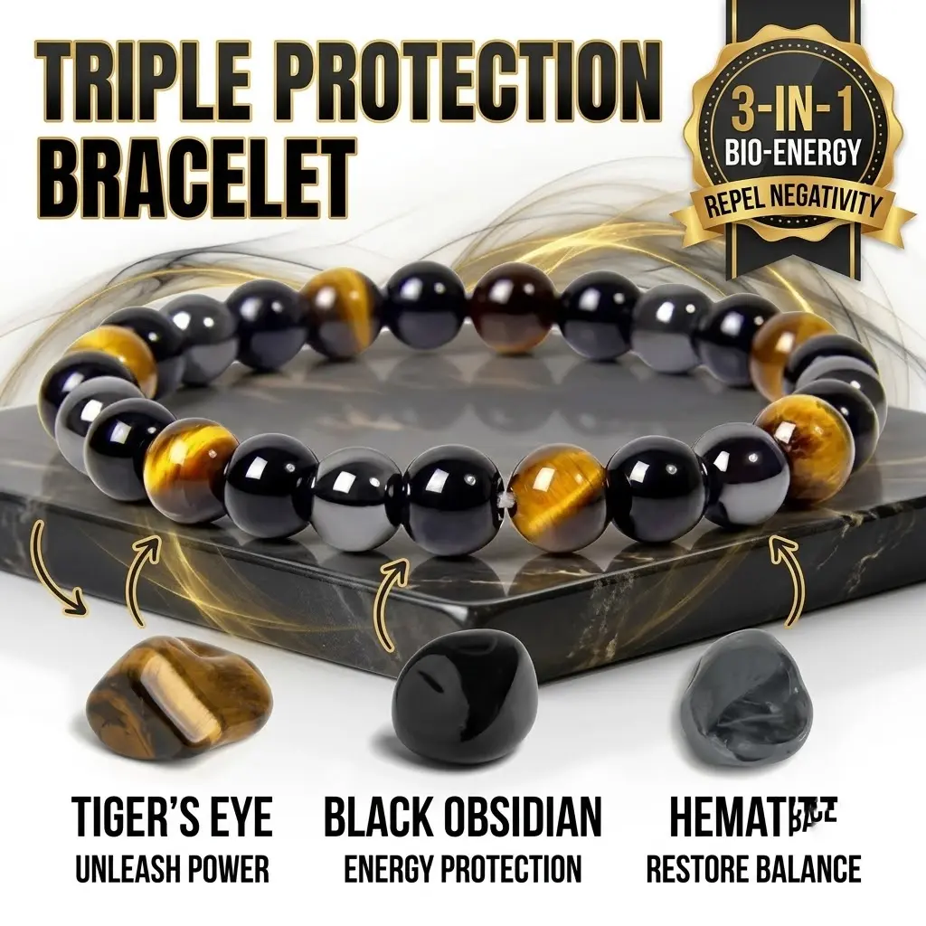 Triple Protection Bracelet Tiger Eye Black Obsidian Hematite for Anxiety Relief | Crystals Negative Energy Protection Men Women Daily Meditation Spiritual Jewelry | Healing Stones Stress Relief TikTok Viral Gift