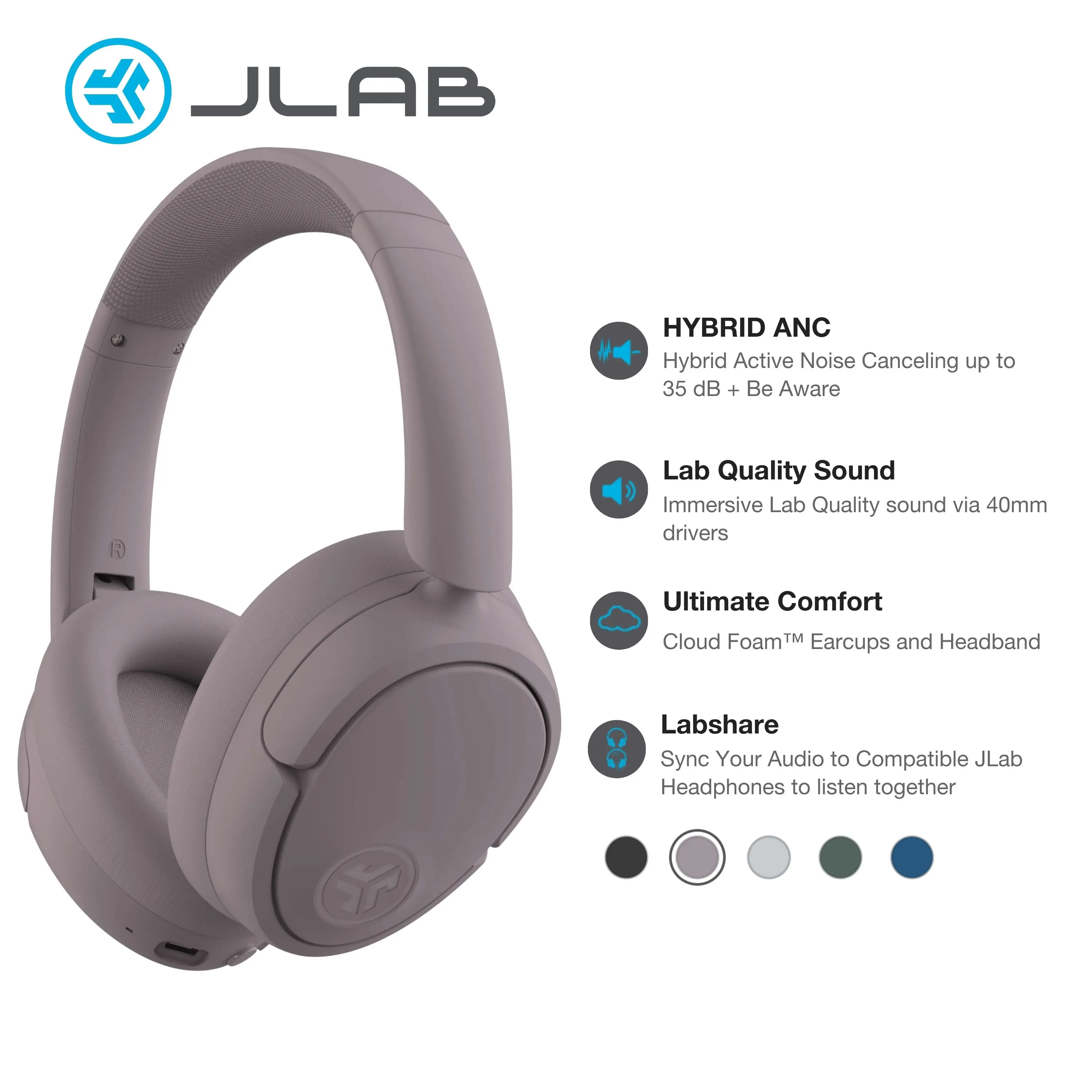 JLab JBuds Lux ANC Wireless Bluetooth Noise Cancelling Headphones with Mics, Adjustable Over-Ear Design, Custom EQ, Be Aware Safety Mode, Foldable, Wired Charging Cable, Compatible with iPhone/Android Devices (Tools and Gadgets, Mens Gifts)